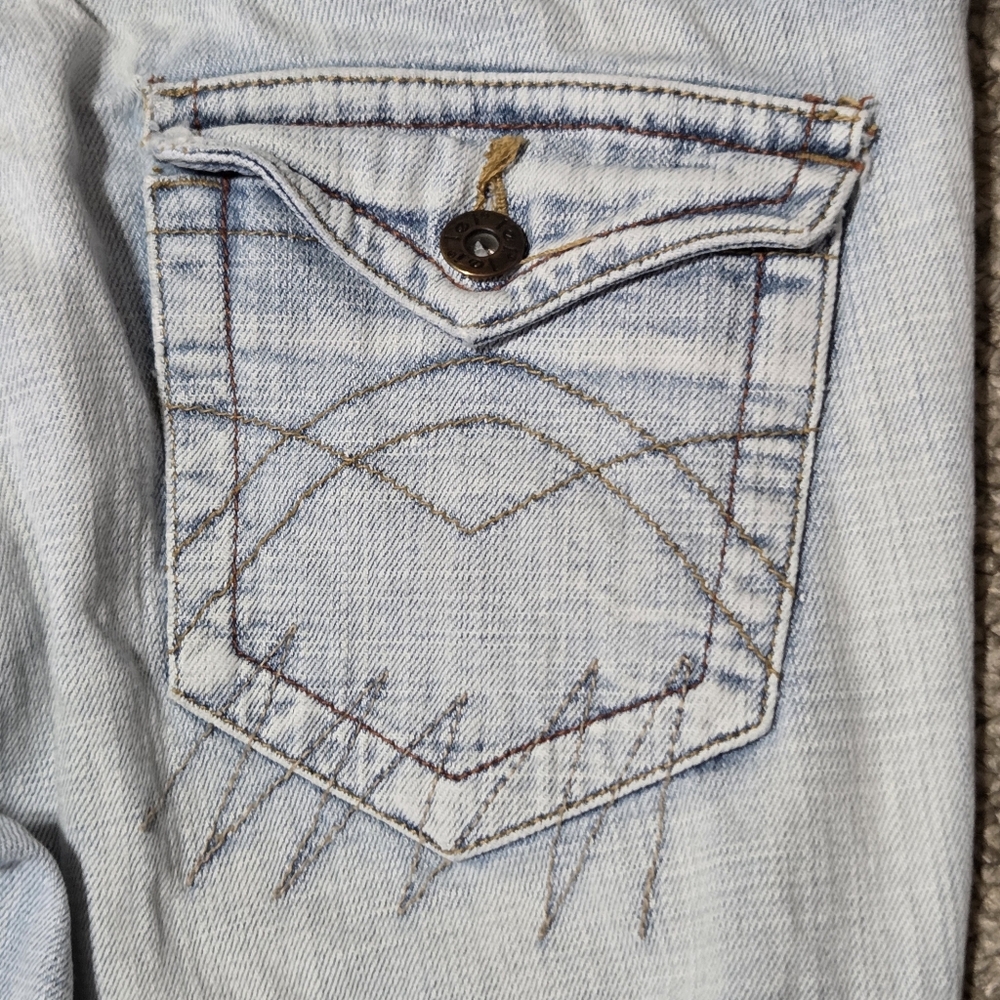 VTG LEI Women's y2k Low Rise Hip Hugger Yellow Flower‎ Stitch Flared Jeans 31x32 - Picture 12 of 16
